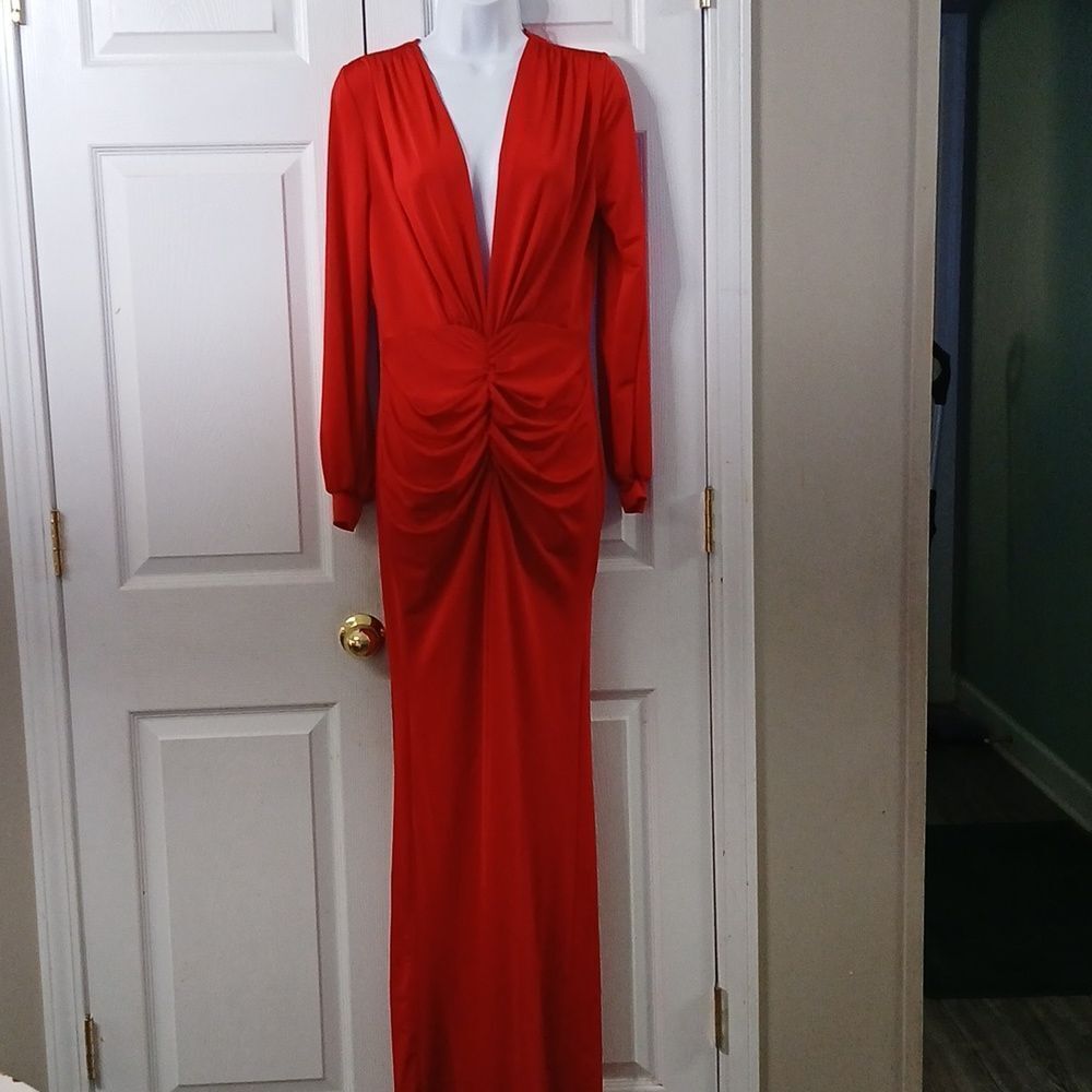 Super Star low cut high slit slink party holiday dress long sleeves  Sz  L NWOT